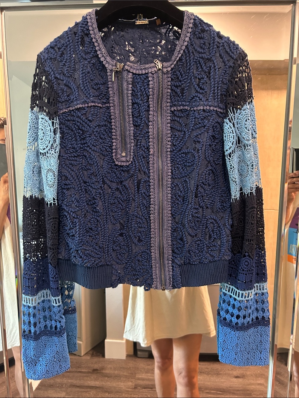 Elie Tahari Navy and Light Blue Crochet Zip-Front Jacket